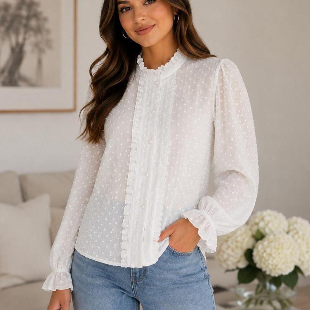 Beautiful white Swiss dot chiffon blouse size large